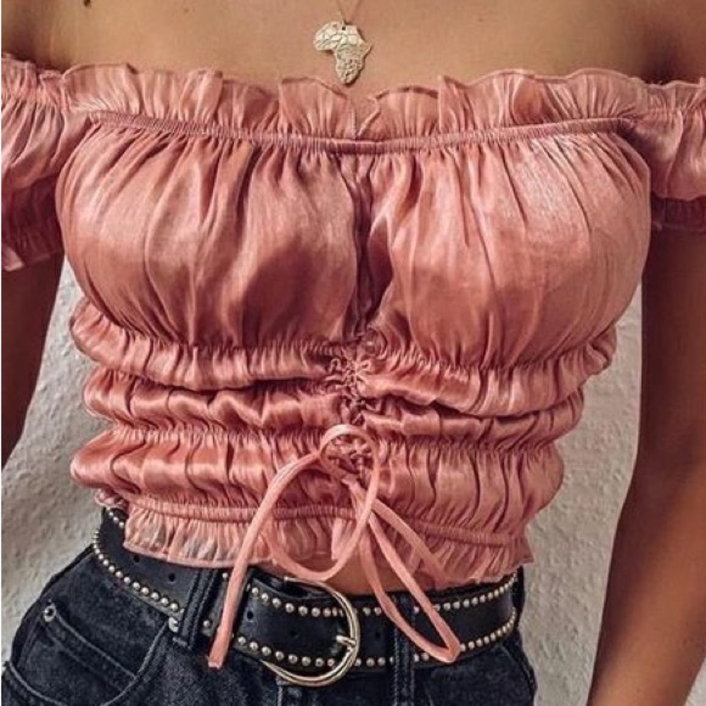 Tiger Mist Satin Shimmery Rose Gold Off-Shoulder Women's Top